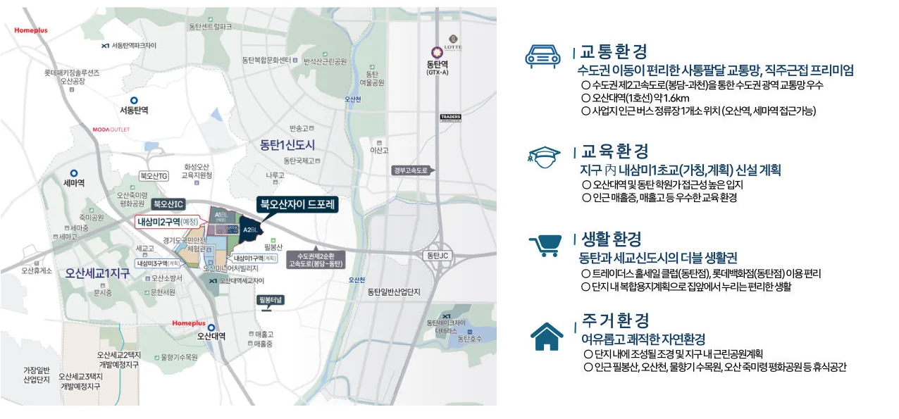 오산 내삼미동 북오산자이 교통·교육·생활·주거 환경 세부 입지도